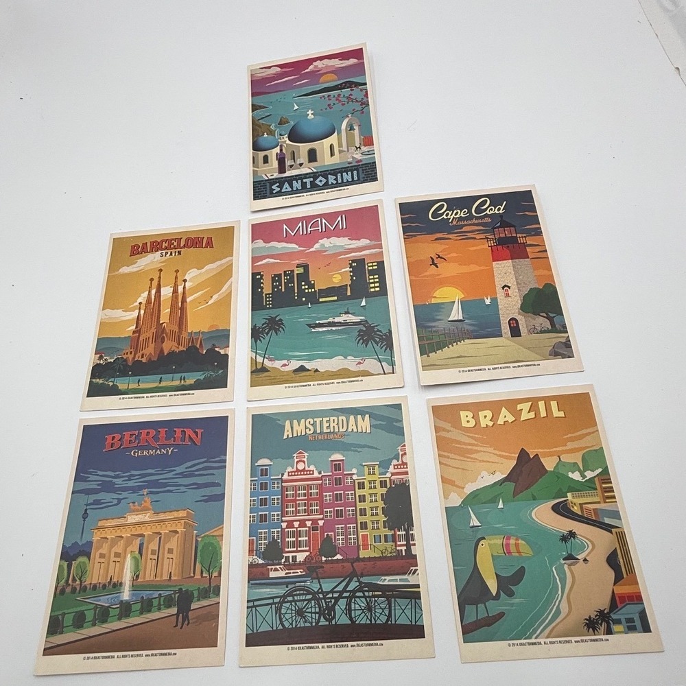 Ideastorm Media‎ Vintage Style Travel Postcard Set 7ct Santorini Miami Barcelona